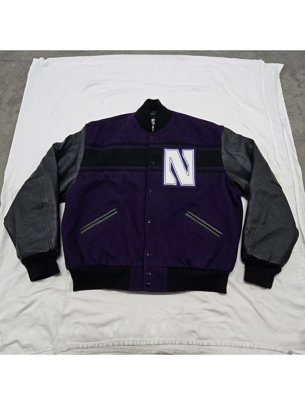 Vintage XL Northwestern Wildcats Varsity Letter Jacket Wool Leather Purple Black